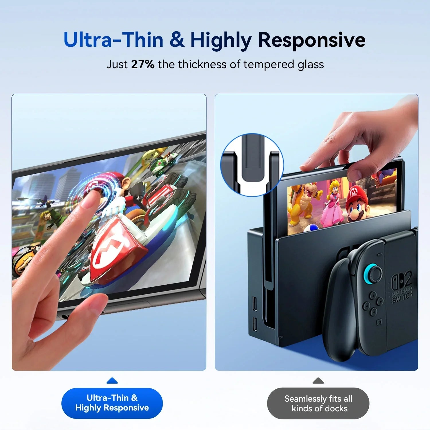 Ultra-thin responsive screen protector on Nintendo Switch playing Mario Kart with seamless dock fitting