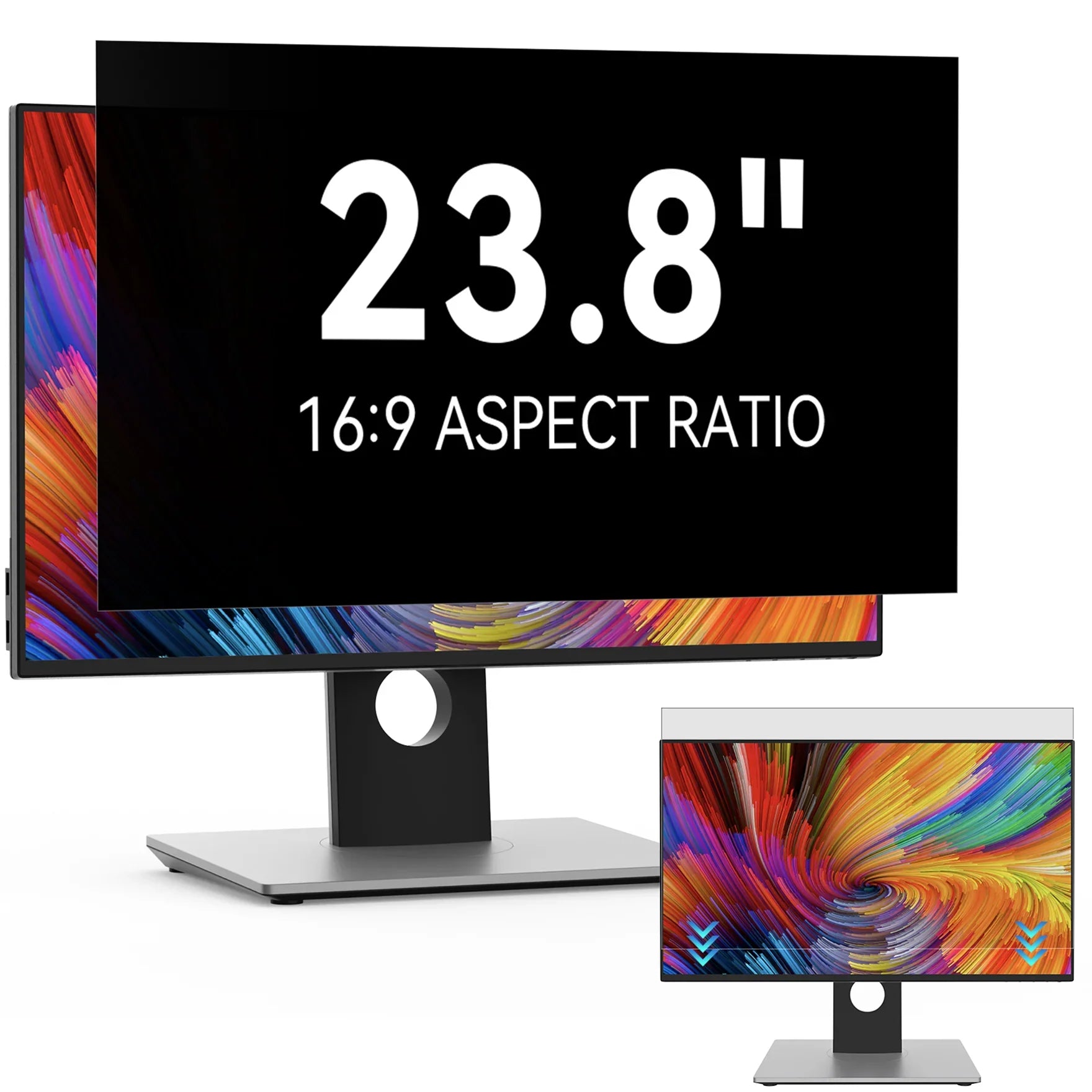 23.8-inch monitor with 16:9 aspect ratio, vibrant colorful swirl on screen, sleek modern design