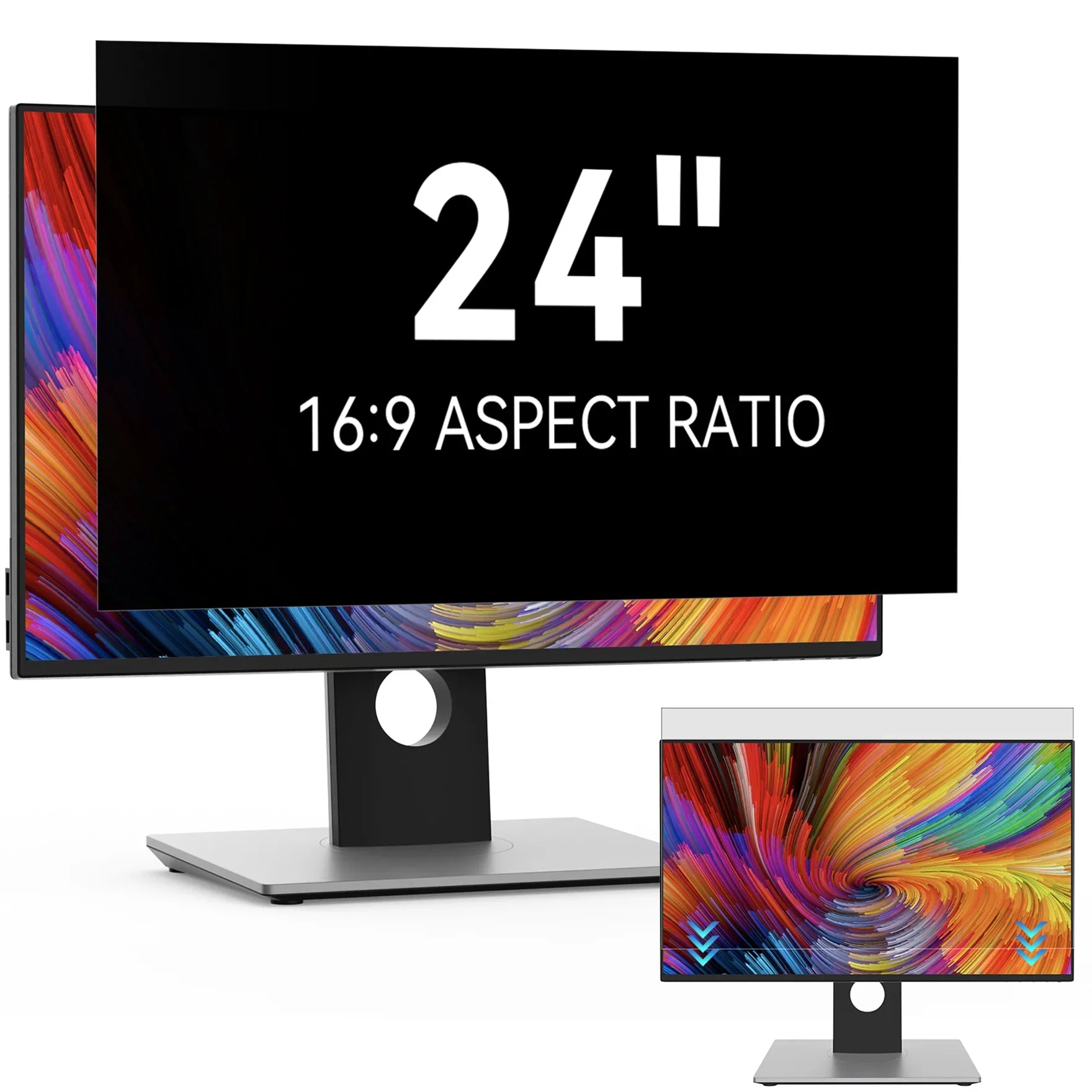 24 inch 16:9 aspect ratio computer monitor with colorful abstract screen and adjustable stand