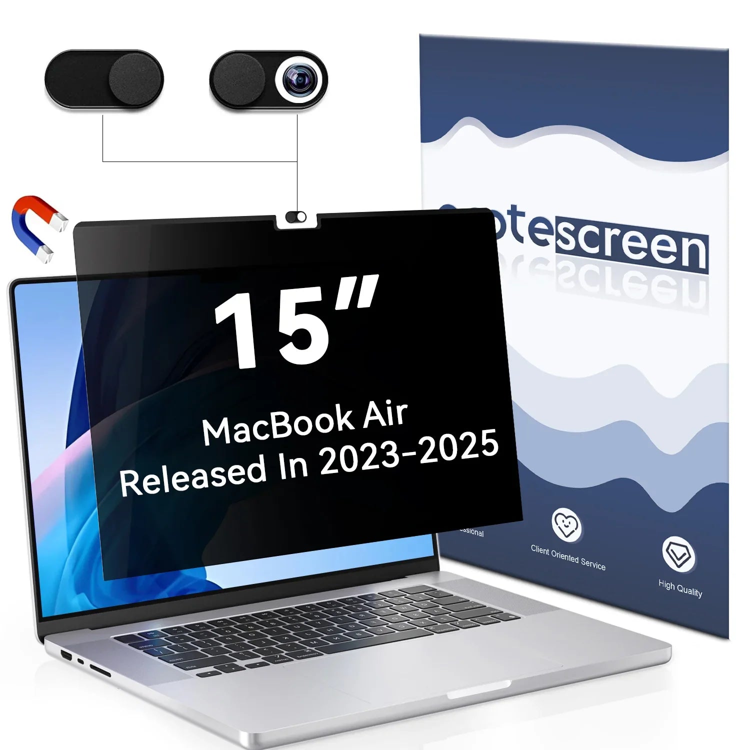 15-inch MacBook Air screen protector for models released 2023-2025 with webcam cover and packaging