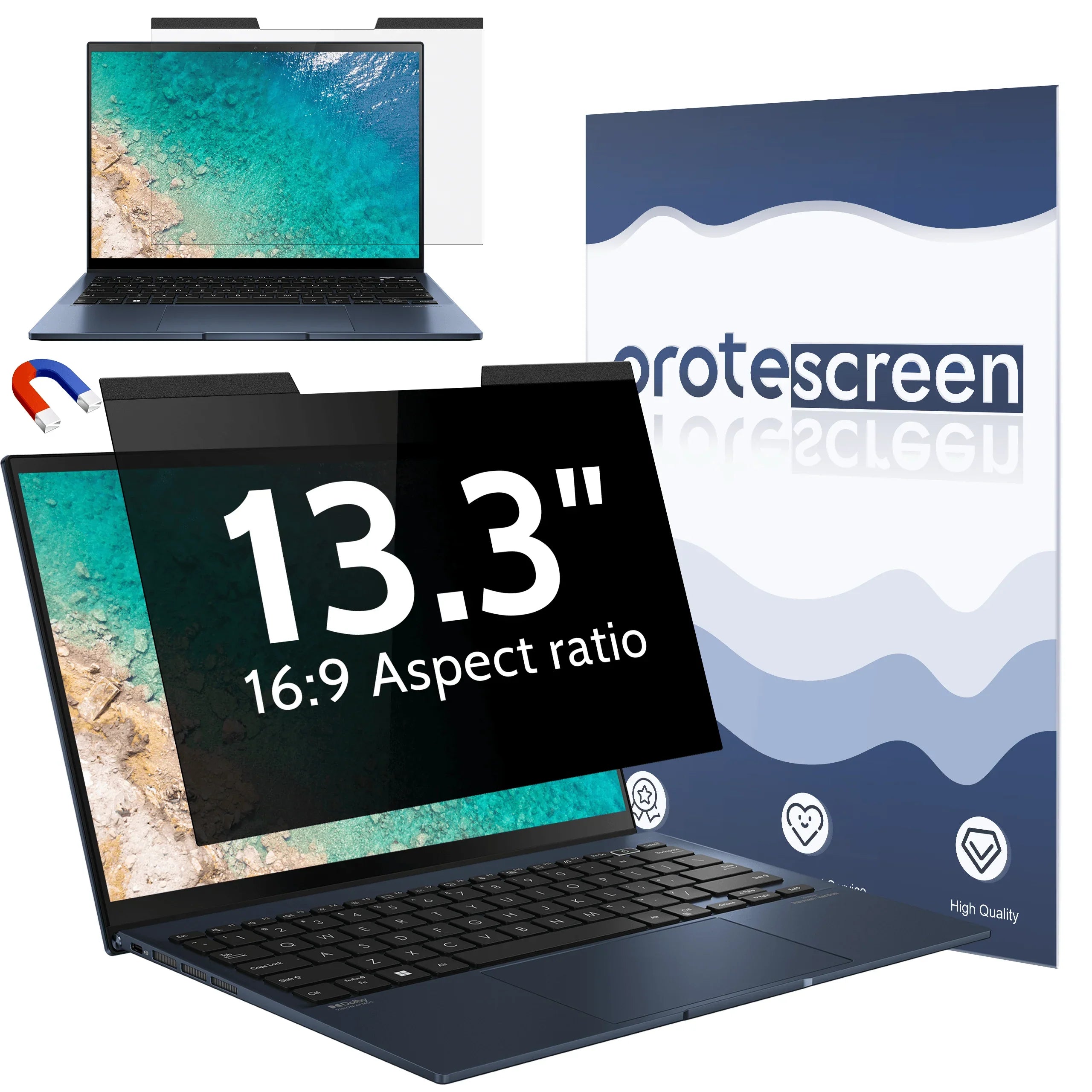 13.3 inch privacy screen protector with 16:9 aspect ratio for laptop displaying ocean beach image