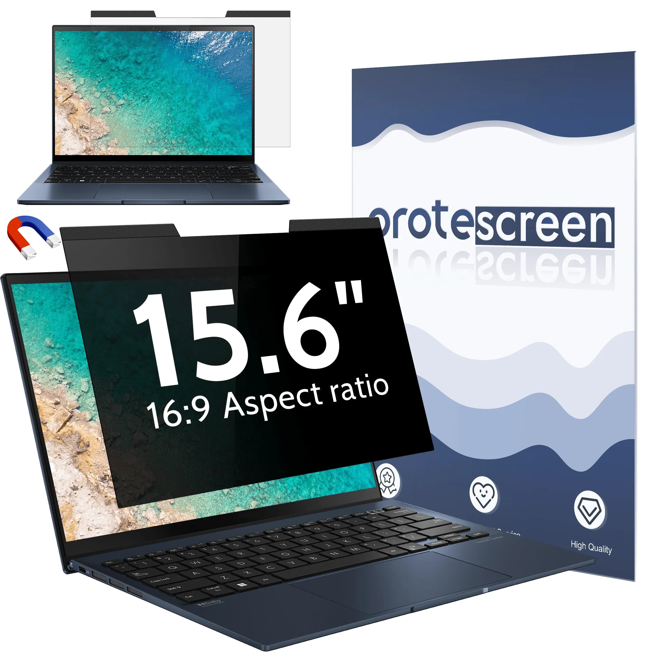 15.6 inch 16:9 aspect ratio laptop screen protector with blue ocean wallpaper and packaging