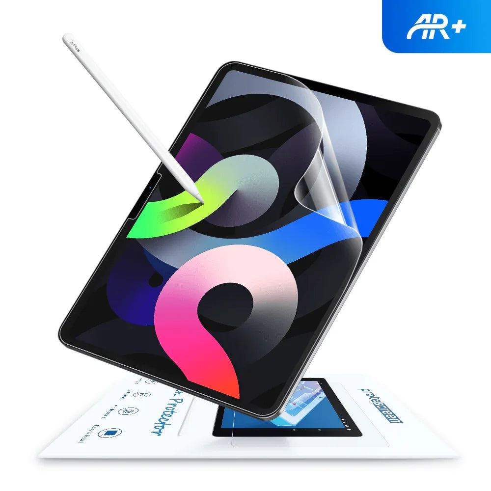 Tablet with colorful abstract wallpaper and white stylus pen applying screen protector