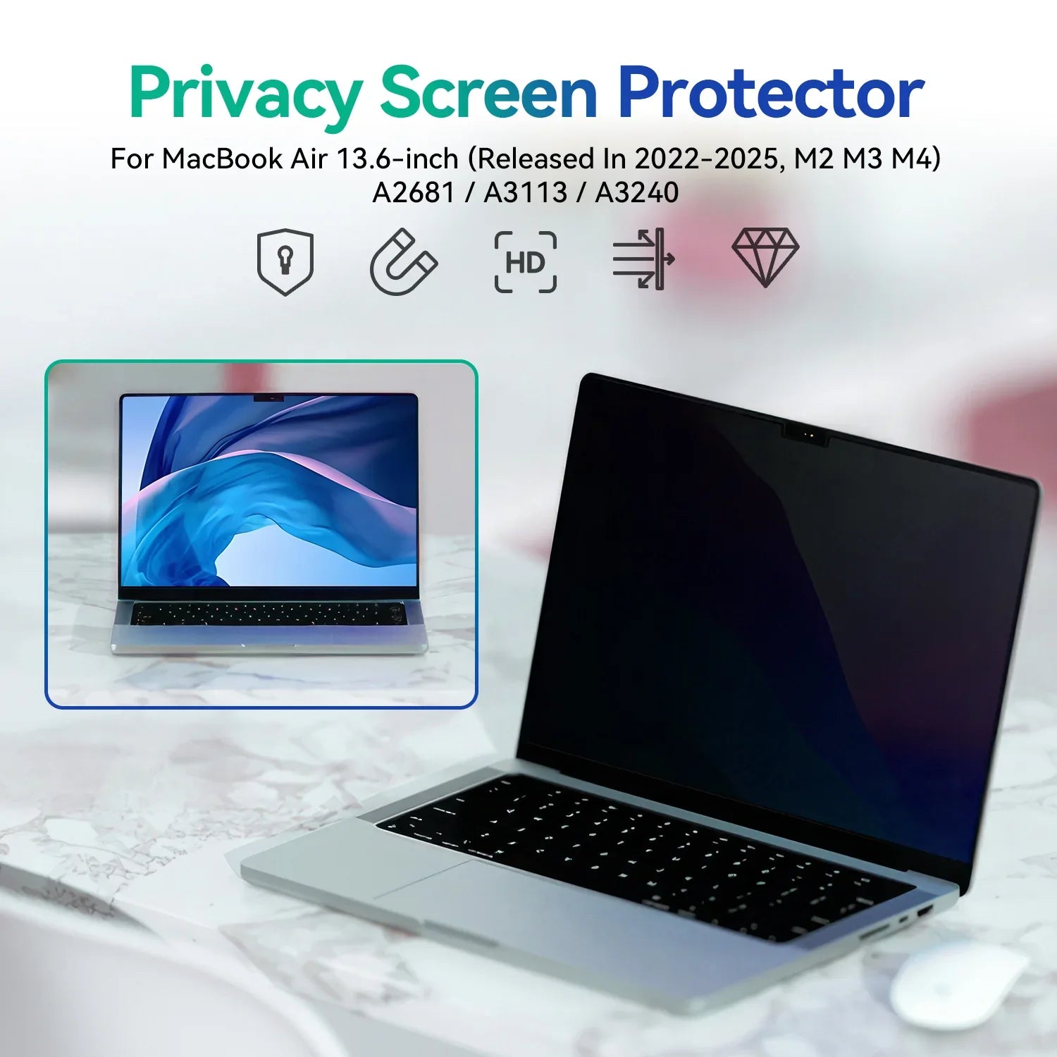 Privacy screen protector for 13.6-inch MacBook Air 2022-2025 models blocking side view on marble desk