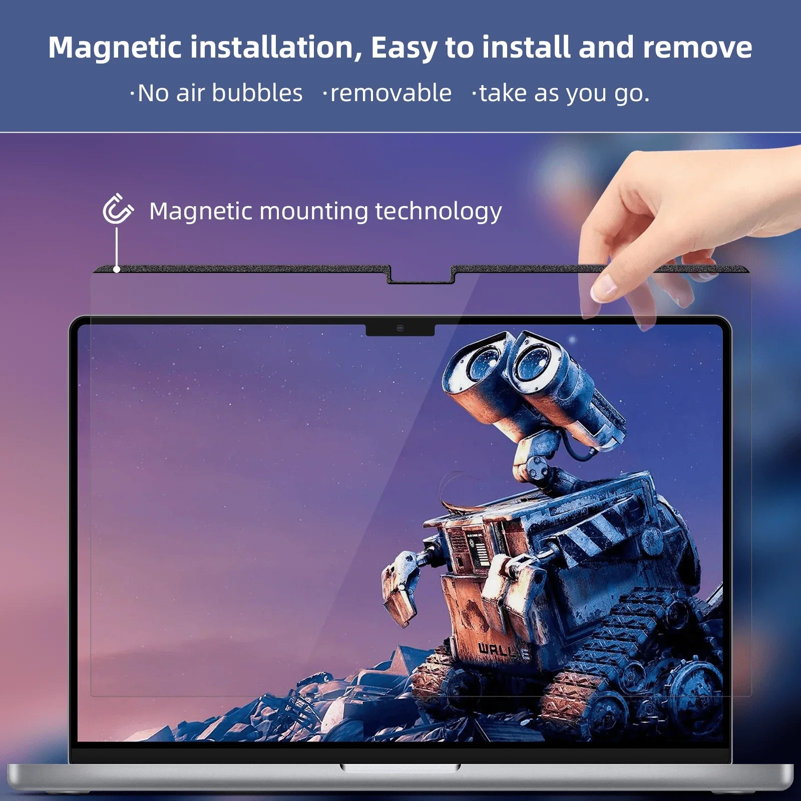 Magnetic installation of a removable screen protector on a laptop with Wall-E wallpaper, no air bubbles