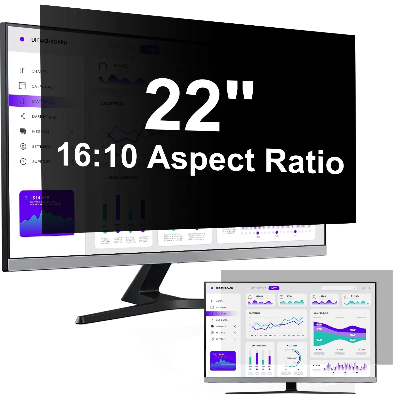 22 inch monitor privacy screen showing 16:10 aspect ratio with dashboard data and charts