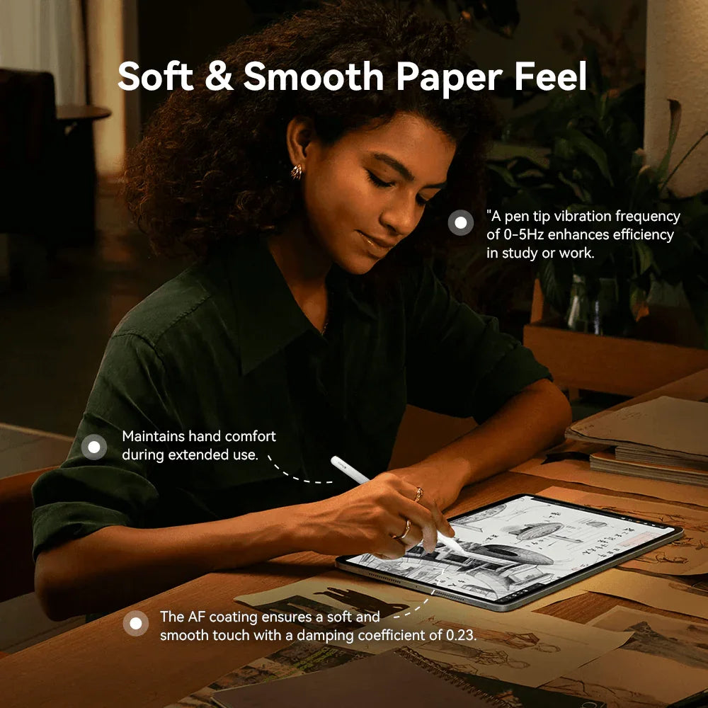 Woman using stylus on tablet for drawing with soft and smooth paper feel features