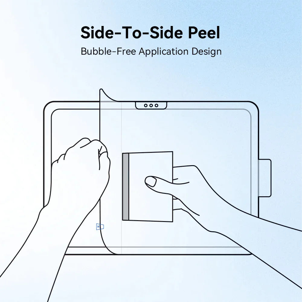 Illustration of hands applying a bubble-free screen protector on a tablet with side-to-side peel method