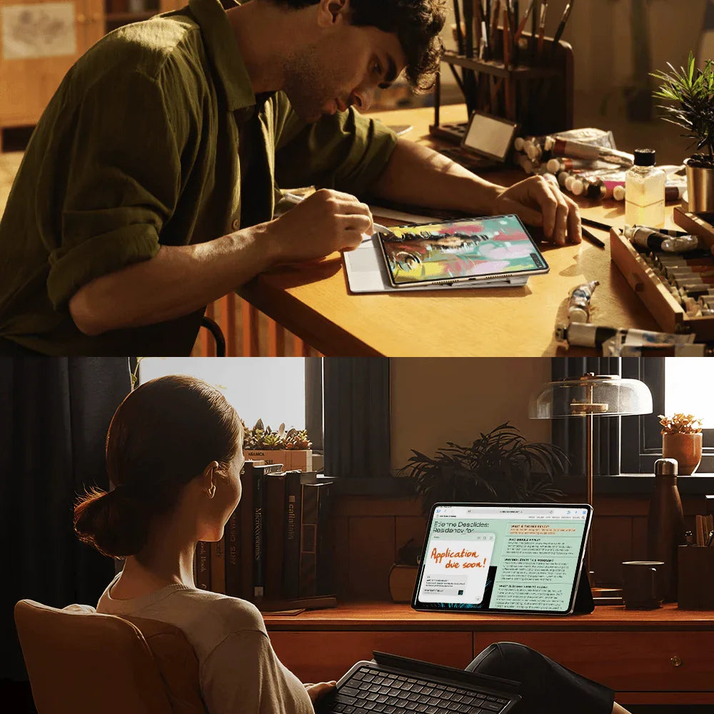 Man sketching digitally on tablet and woman reading on tablet with keyboard in cozy home workspaces