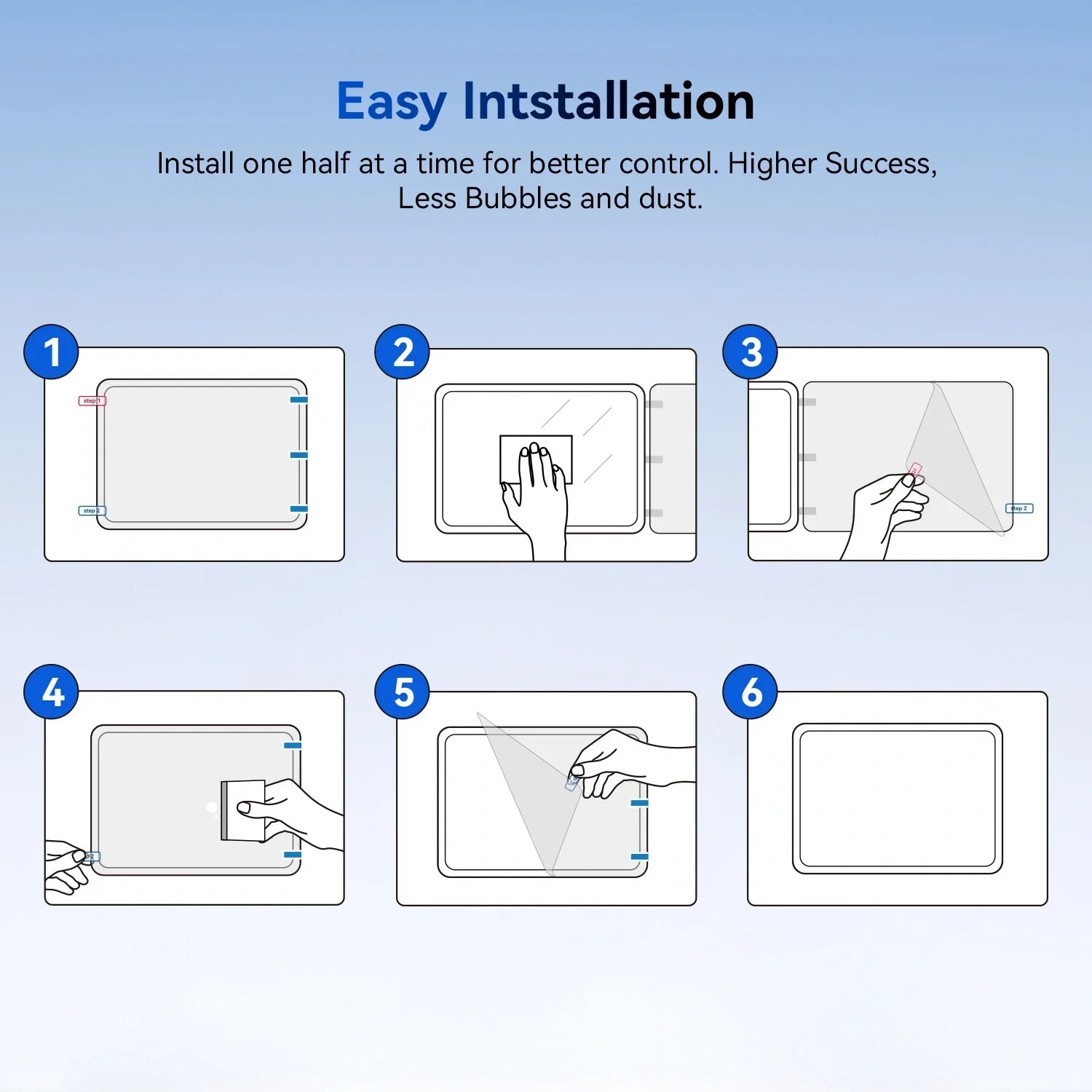 Step-by-step illustrated guide for easy tablet screen protector installation with bubble-free method