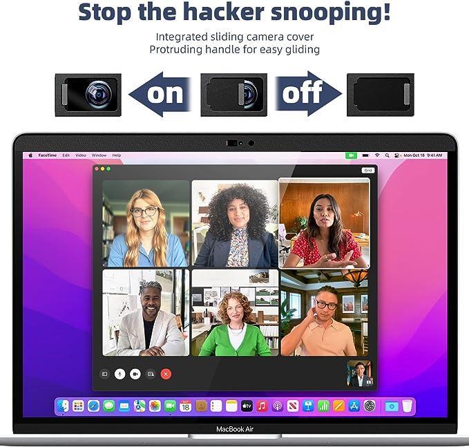 MacBook Air video call screen with six participants and integrated sliding camera cover on and off