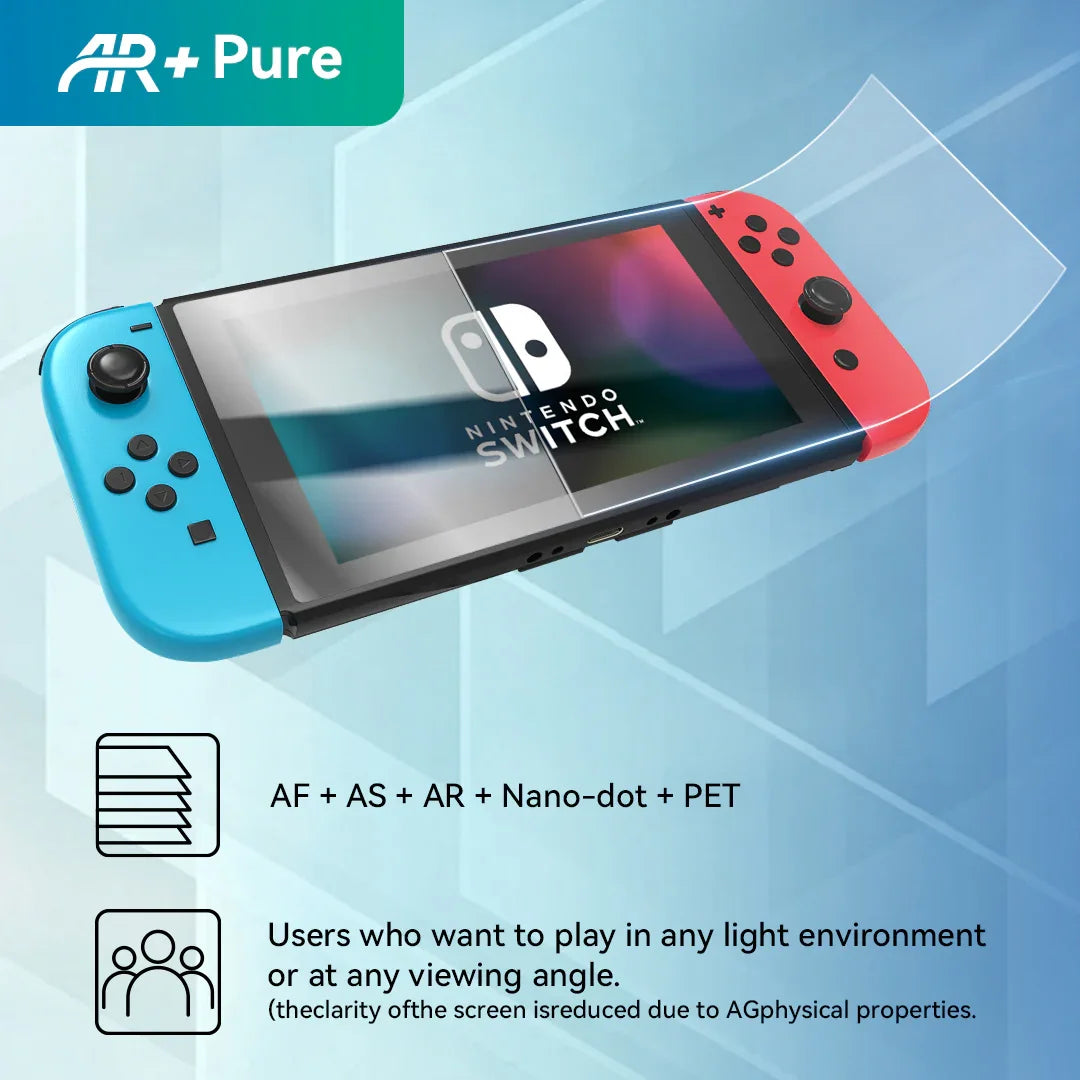 Nintendo Switch with blue and red Joy-Con showing screen protector transparency and AR Pure branding