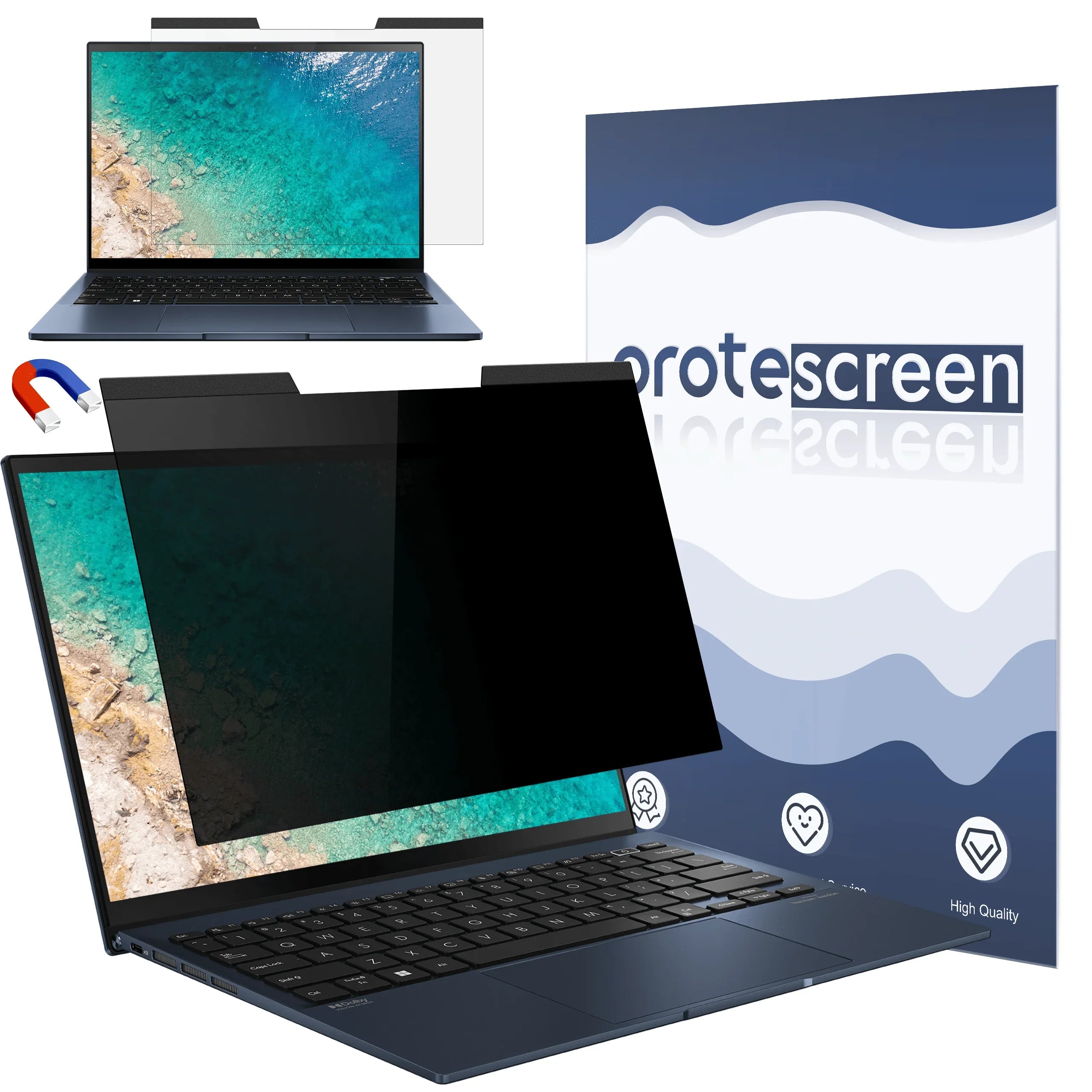 Magnetic laptop privacy screen filter attached to laptop with packaging and magnet tool