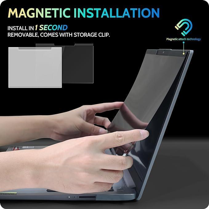 Hands installing a magnetic laptop privacy screen with quick, removable magnetic technology
