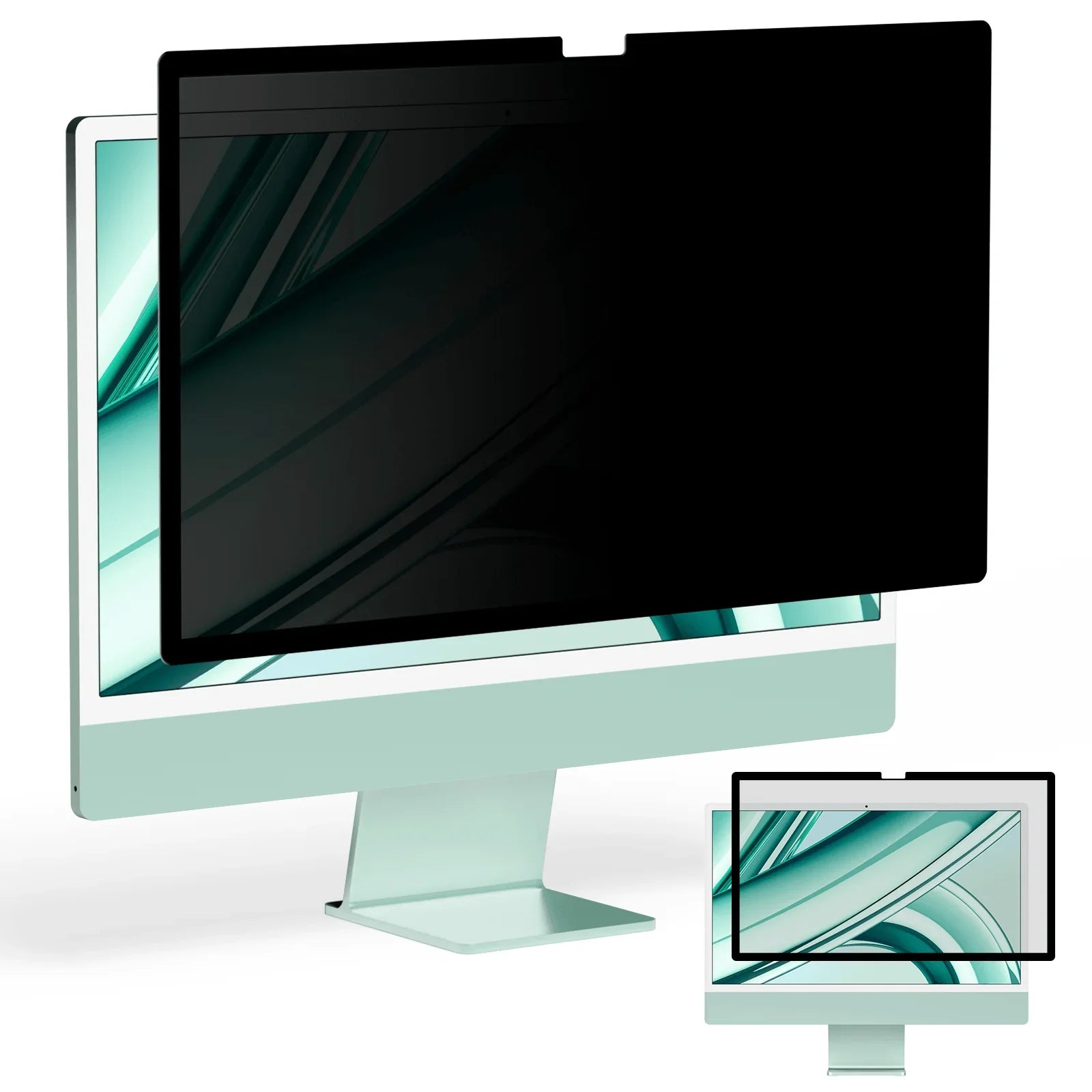 iMac with removable black privacy screen attached, showing reduced side viewing visibility