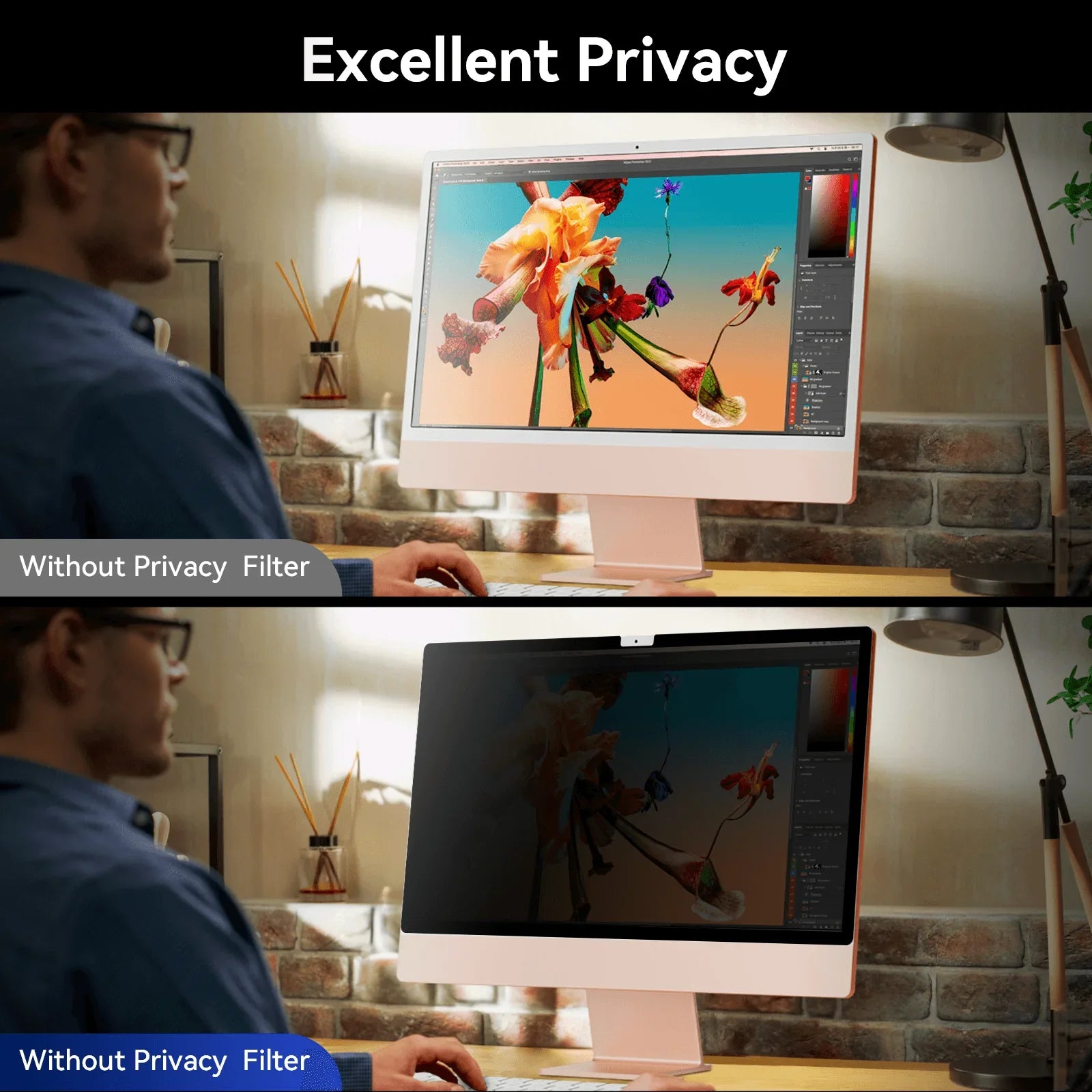 Side-by-side comparison of iMac screen with and without removable privacy filter showing clear vs. darkened display