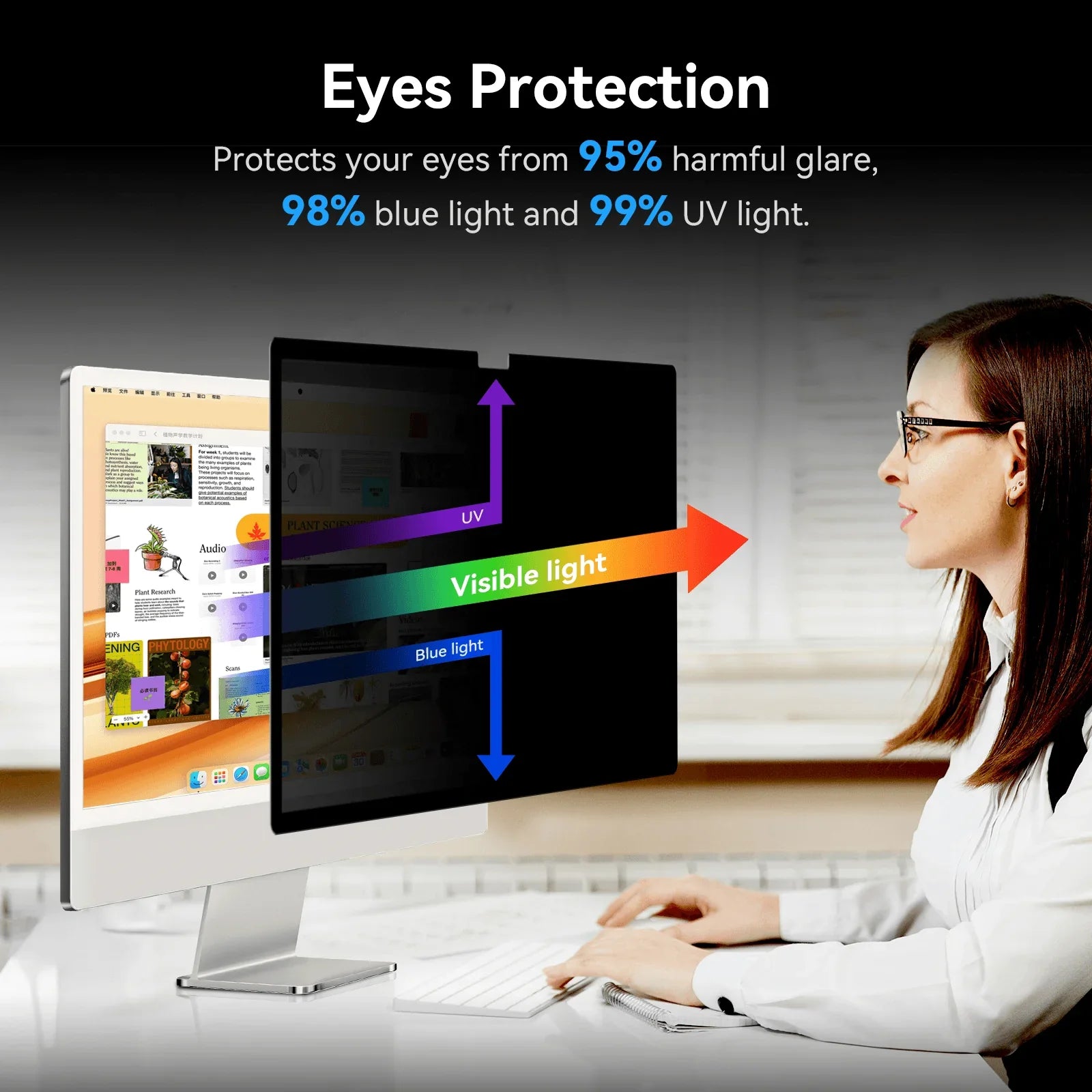 Woman using iMac with removable privacy screen showing protection from blue light, UV, and glare