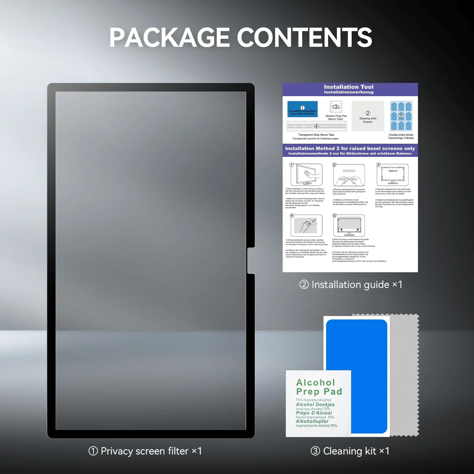 iMac privacy screen filter package contents with installation guide and cleaning kit