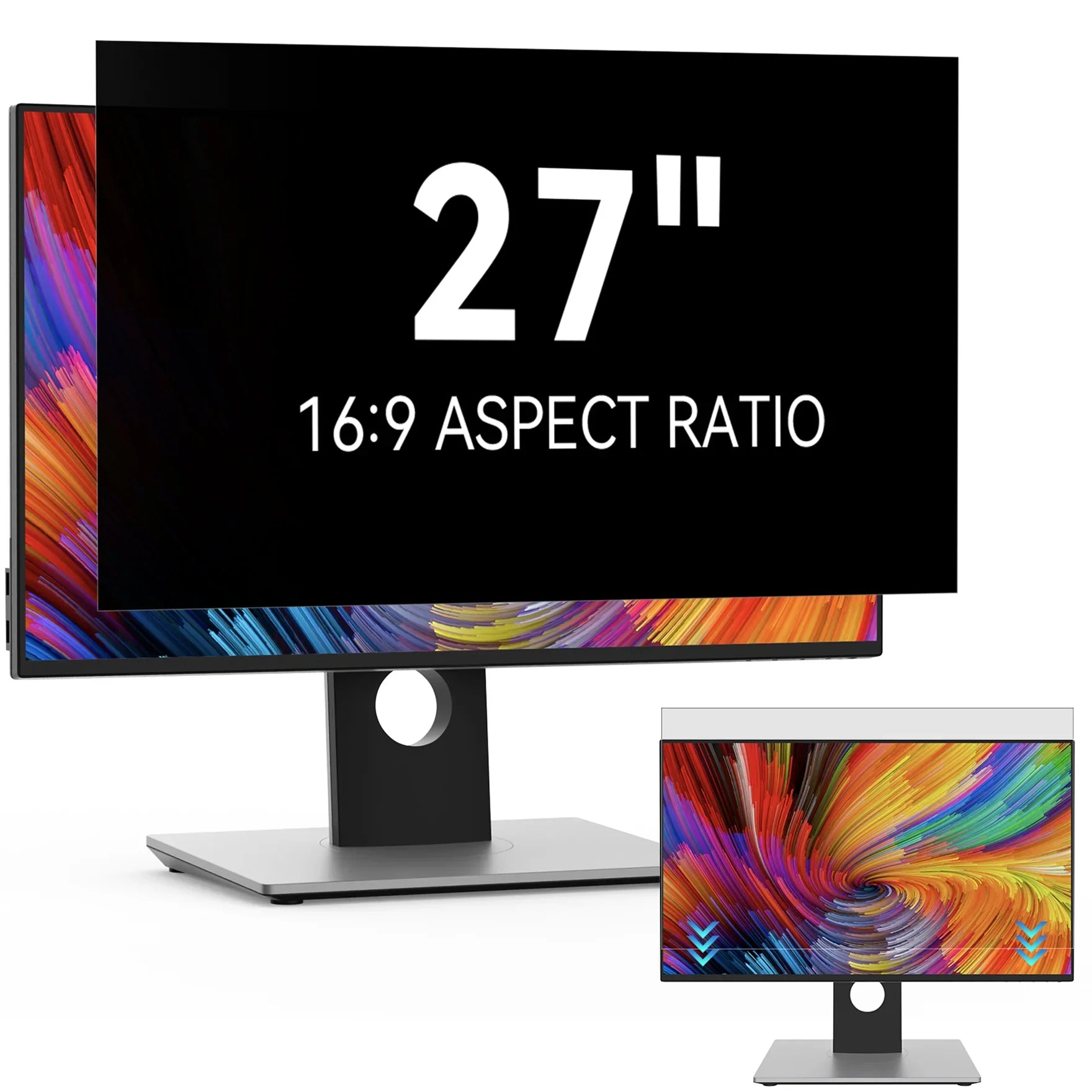27-inch computer monitor with 16:9 aspect ratio, vibrant colorful display, modern stand