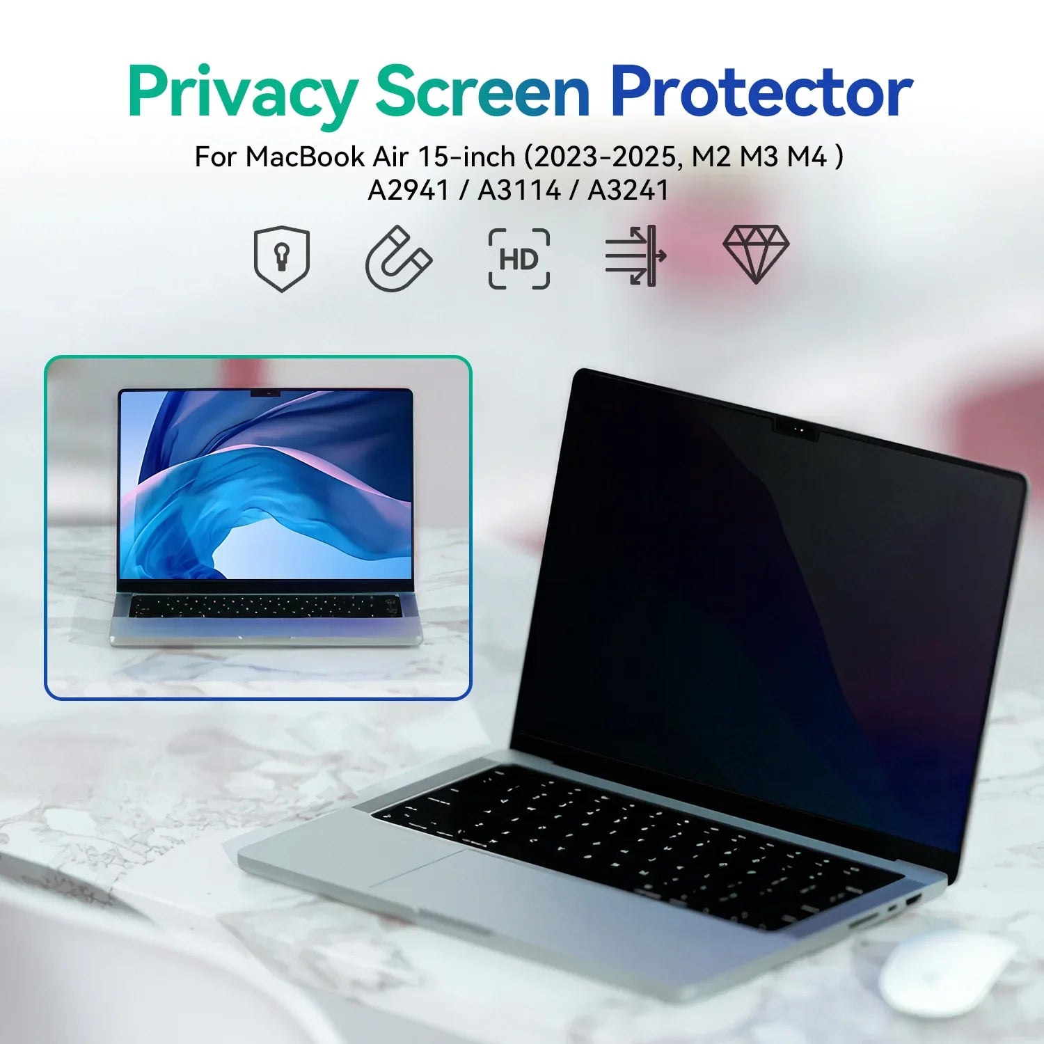 MacBook Air 15-inch with privacy screen protector showing clear and dark screen views on marble desk