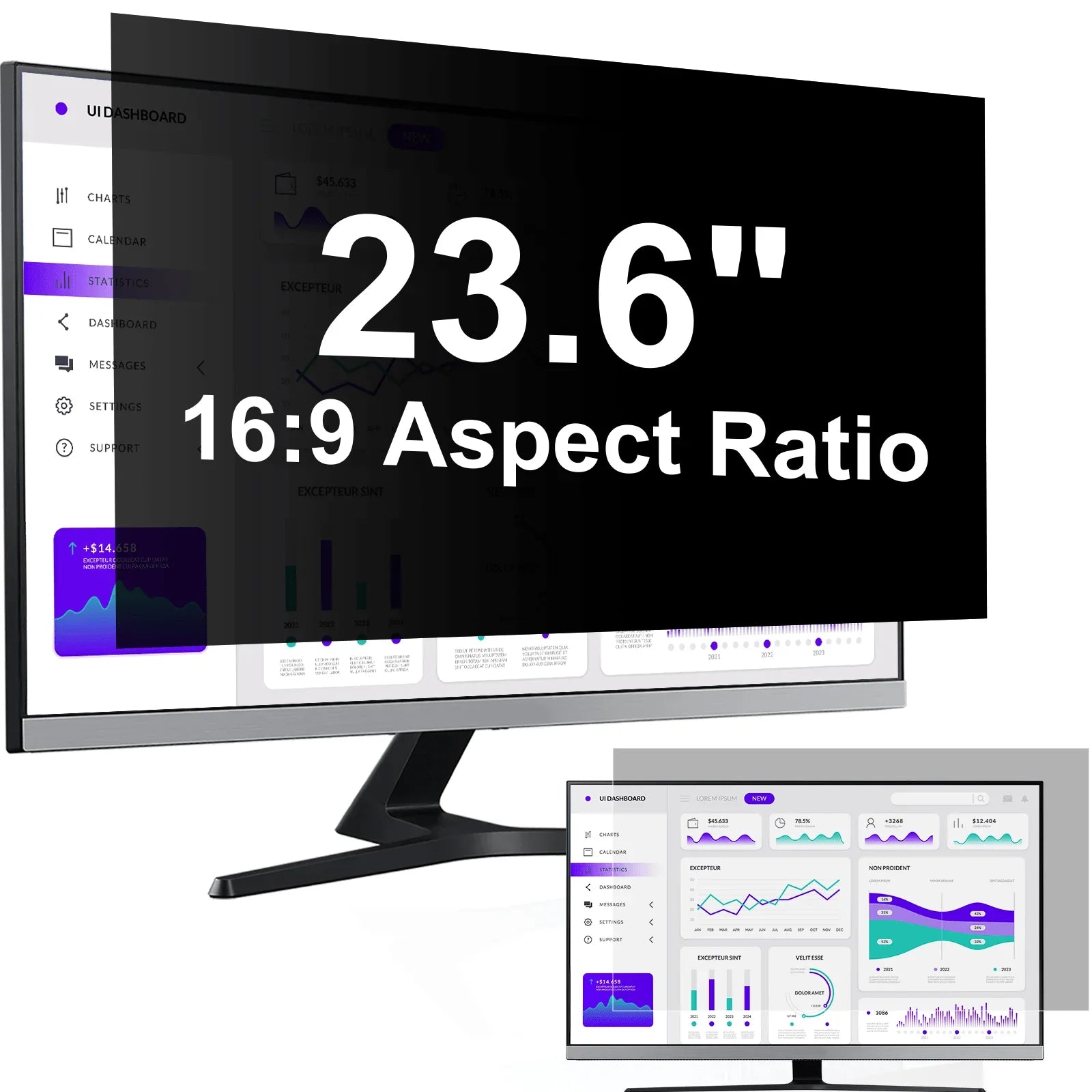23.6 inch 16:9 aspect ratio monitor with privacy screen filter showing data dashboard