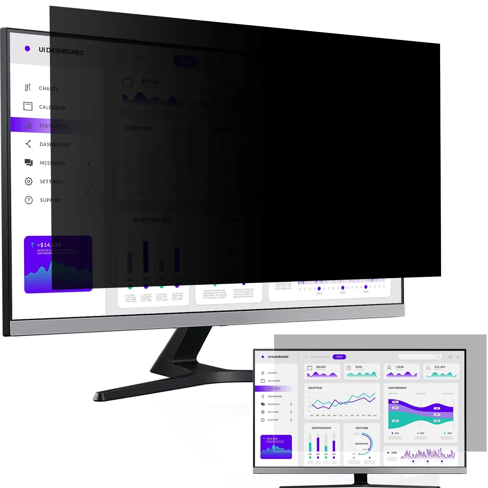 Ultra-wide computer monitor with sleek stand displaying a purple-themed UI dashboard with charts and statistics