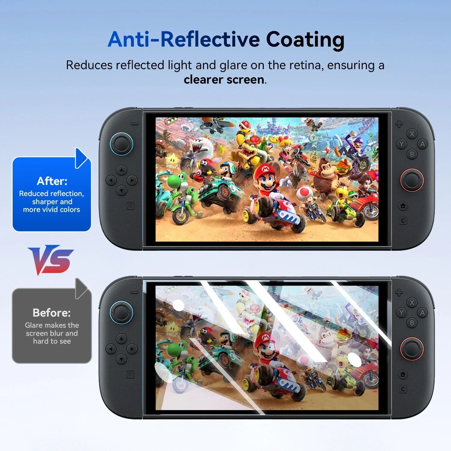 Comparison of anti-reflective coating on gaming screen showing clearer vs glare reflection