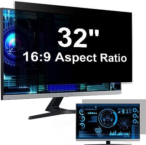 32-inch monitor with 16:9 aspect ratio displaying futuristic digital interface and privacy screen