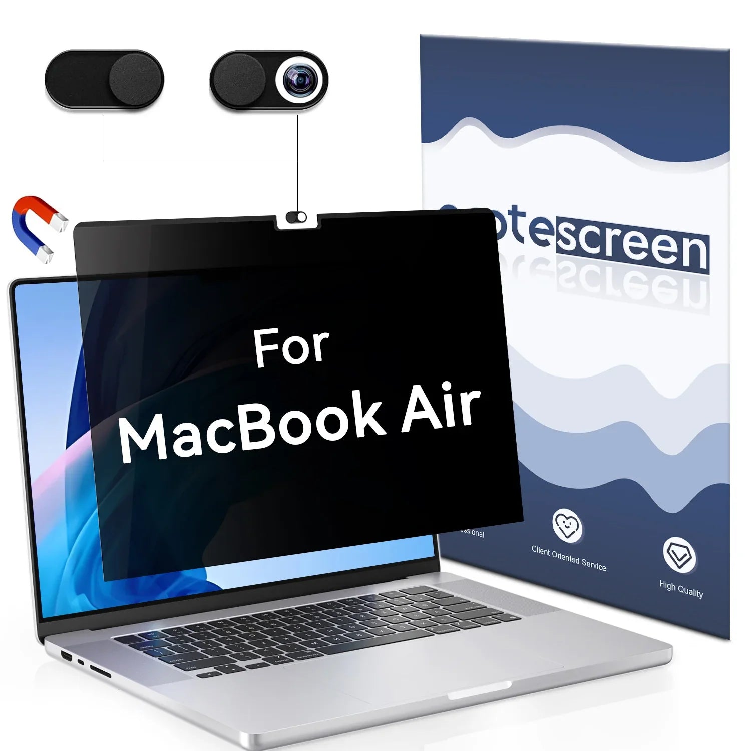 Privacy screen protector for MacBook Air with camera cover and magnetic attachment