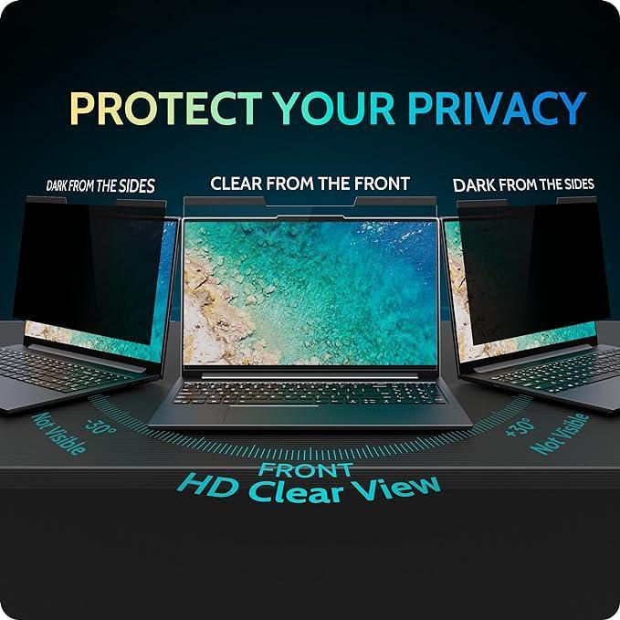 Laptop with magnetic privacy screen showing clear front view and dark angled side views to protect privacy