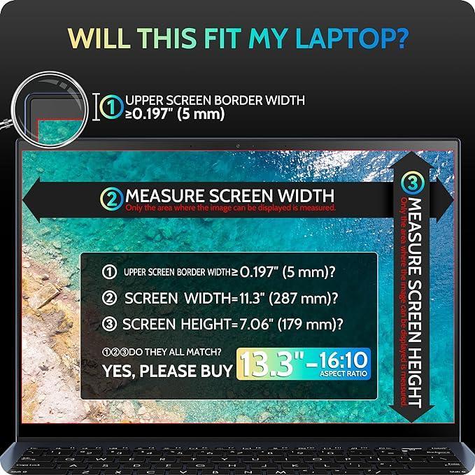 Laptop screen showing measurement guide for fitting a 13.3" privacy screen with 16:10 aspect ratio