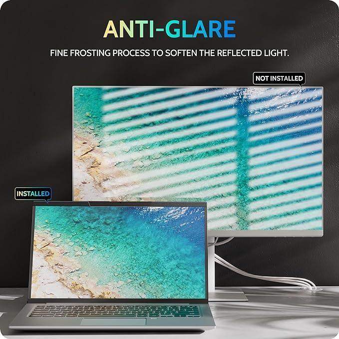 Side-by-side comparison of anti-glare laptop screen with magnetic privacy screen installed versus without