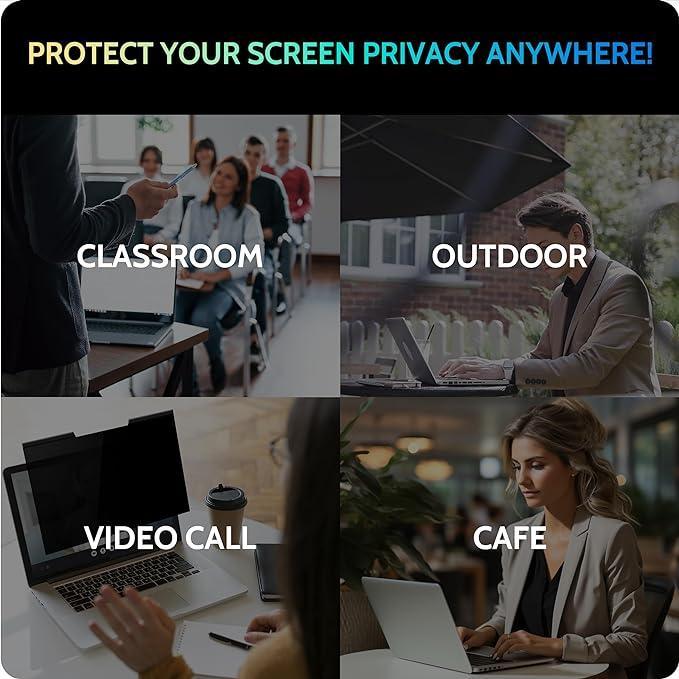 Collage showing laptop privacy screen use in classroom, outdoor, video call, and cafe environments