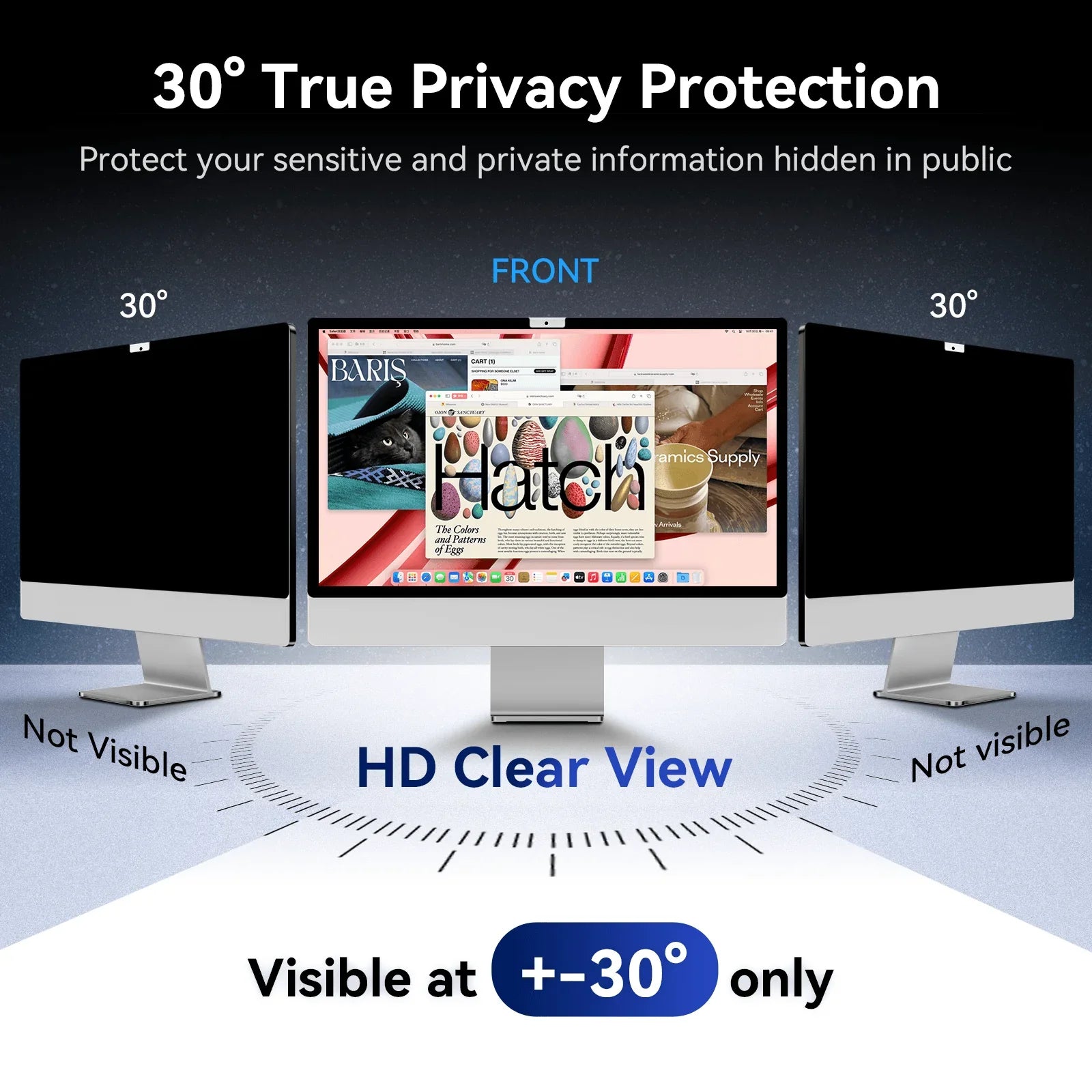 iMac with removable privacy screen showing visible display only at 30-degree front angle, side views blacked out