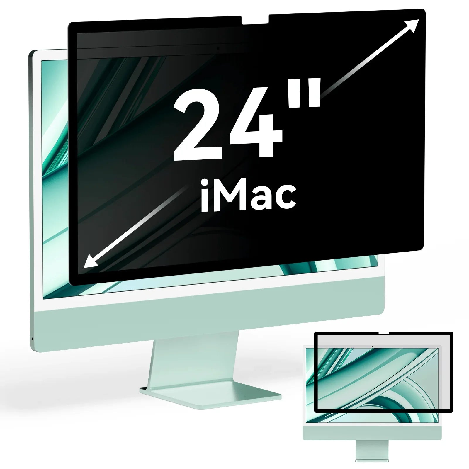 24 inch iMac with removable black privacy screen filter showing installation and coverage
