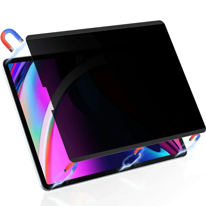 Magnetic privacy screen filter partially covering iPad Pro 12.9-inch with colorful display